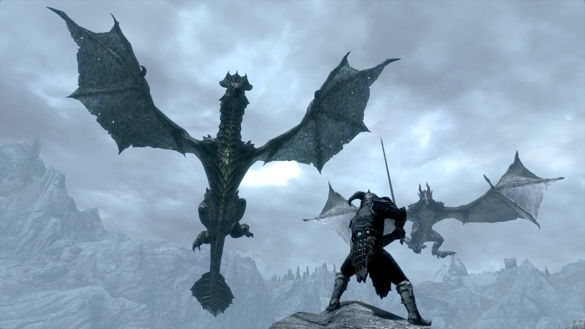 Wallpaper The Elder Scrolls V: Skyrim two dragon and warrior